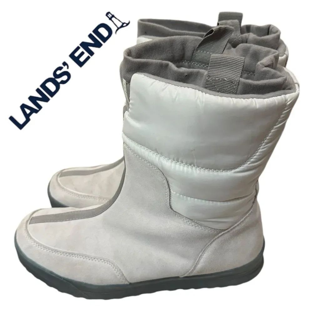 Lands' End Women's White Suede Leather Pull On Winter Boots 10